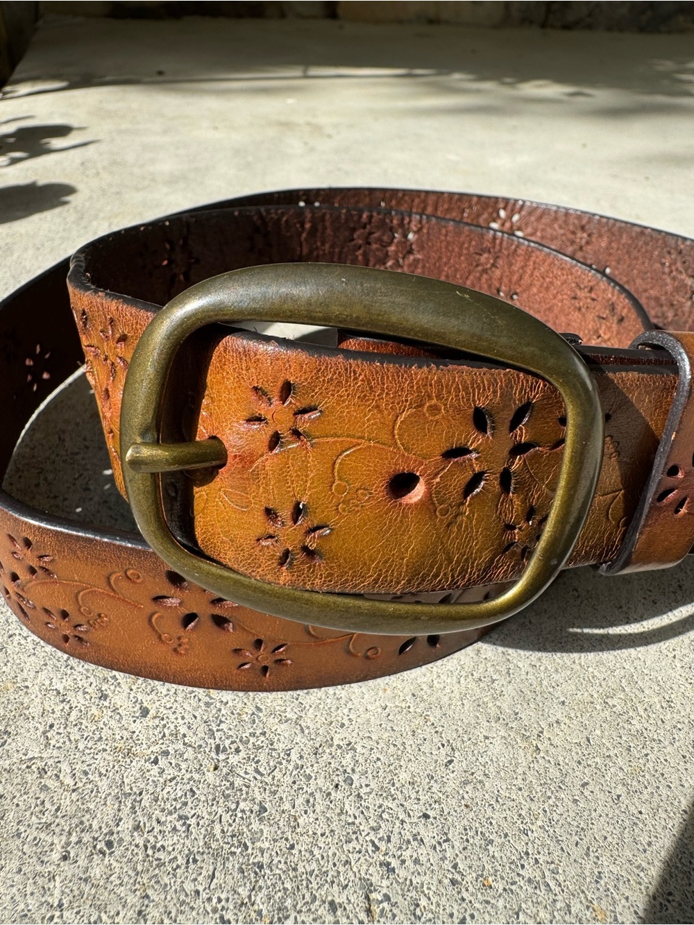 Women's Y2K Flower Cutout Leather Belt - Tan with Brass Buckle 42”